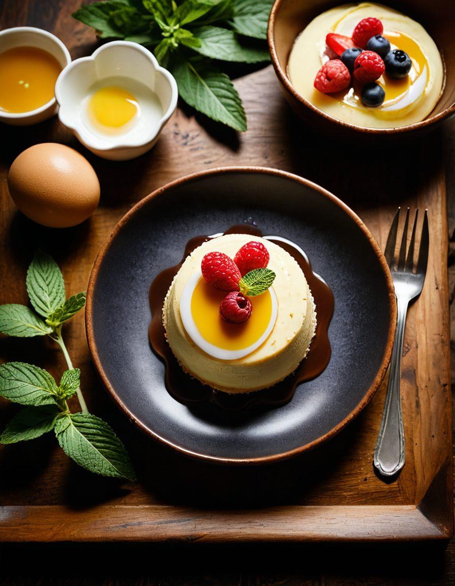 A beautifully plated gourmet pudim surrounded by traditional dessert-making tools like a mixing bowl and a whisk. The pudim should have a glossy caramel layer on top, garnished with fresh fruit and mint leaves, all set on a rustic wooden table. Soft, warm lighting enhances the inviting atmosphere. Artfully arranged ingredients like eggs, sugar, and vanilla pods in the background. vibrant colors. super-realistic.