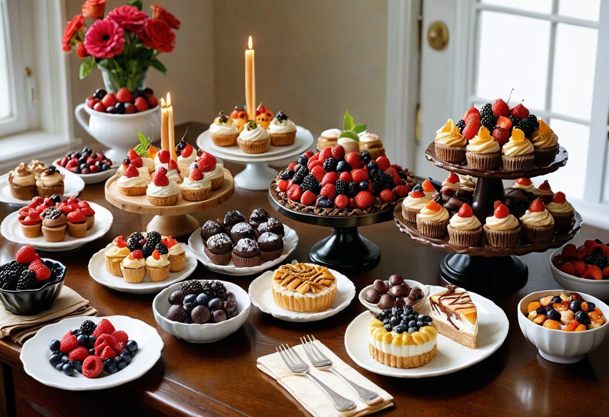 A beautifully arranged table featuring a variety of decorative pudim desserts, each one with unique toppings like berries, caramel, and chocolate drizzle. Soft, warm lighting enhances the inviting atmosphere, while a cozy kitchen background showcases cooking utensils and colorful ingredients. Include a notepad with handwritten recipes nearby to suggest creativity and tips. The overall vibe should be cheerful and appetizing. vibrant colors. charming illustration.